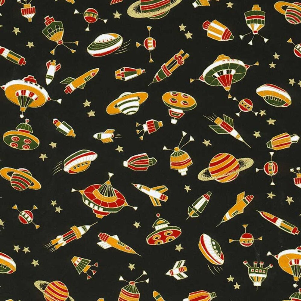 Chiyogami 389C Spaceships and Planets with Metallic Gold Details